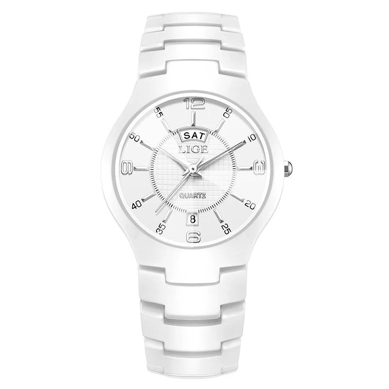 Reloj de cuarzo de cerámica de moda LIGE para mujer, reloj deportivo informal con fecha semanal, reloj creativo de acero resistente al agua para mujer