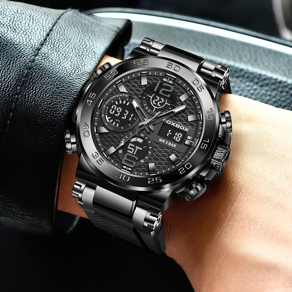 FOXBOX - Nuevo reloj deportivo para exteriores para hombre, reloj analógico digital de moda para negocios, reloj de pulsera de cuarzo con alarma resistente al agua y de silicona.