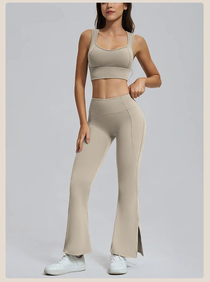Conjuntos de yoga para mujer, sujetador deportivo con espalda hueca y amortiguación, leggings de cintura alta y acampanados, ropa de gimnasio, ropa para correr y entrenar.