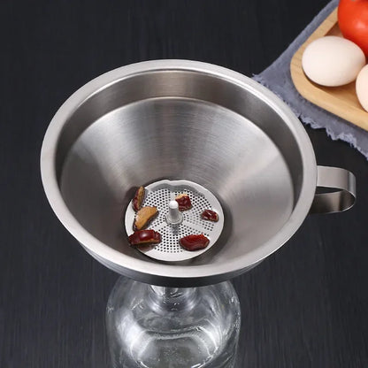 Embudo de acero inoxidable 304 de boca ancha con filtro de malla para aceite de cocina, especias líquidas y utensilios de cocina.