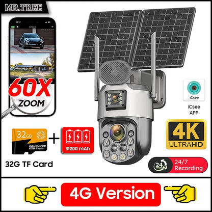 Cámara de seguridad exterior solar 4K con SIM 4G, 2 lentes/pantalla, zoom óptico 60x, seguimiento automático, PTZ 360°, videovigilancia doméstica IP.