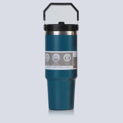 Vaso portátil de acero inoxidable de 30 oz con aislamiento para coche, con pajita y doble pajita para bebidas frías, ideal para usar en el vehículo.