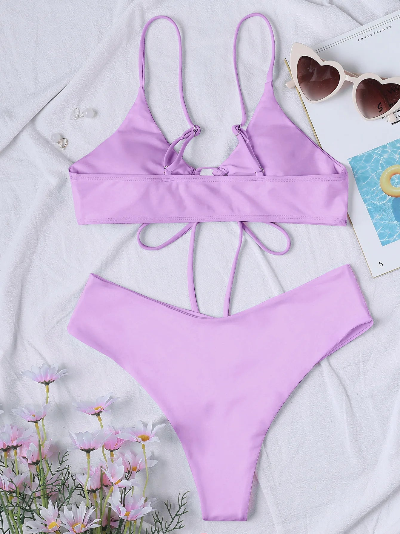 Nuevo conjunto de bikini de alta elasticidad para verano de 2025, dos piezas, color sólido, con cordones, traje de baño sexy para mujer, traje de baño de playa.