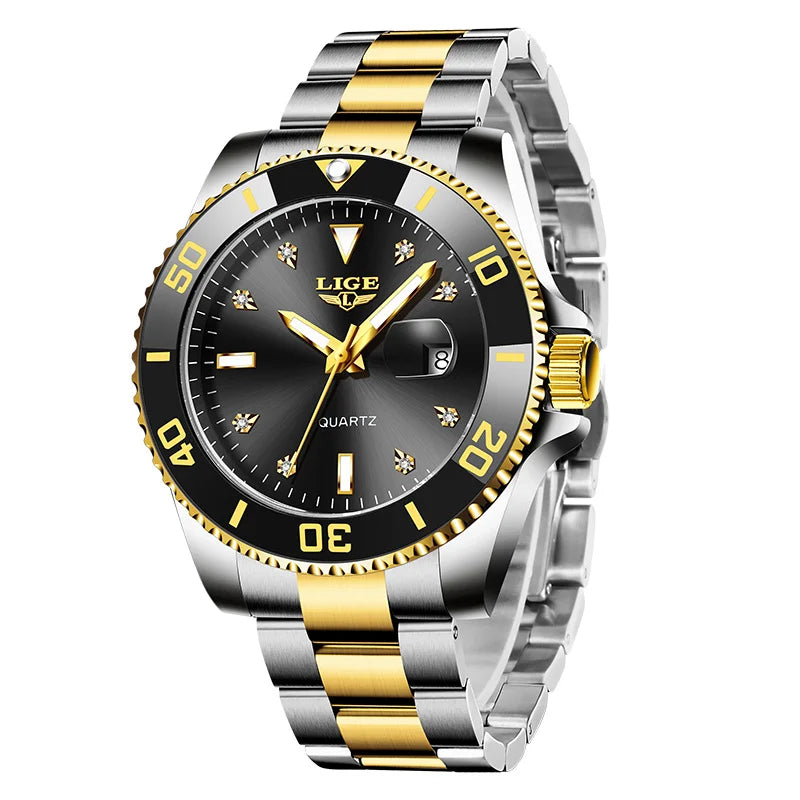 Relojes de moda LIGE para hombre, de lujo, luminosos, con calendario, para negocios, resistentes al agua, cronógrafo, de acero inoxidable, de cuarzo.