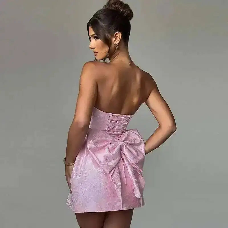 Townlike Jacquard Waist Wrap A-line Dress Women Mini 2024 Spring Summer Dress Elegant Bow Backless Sexy Party Dresses