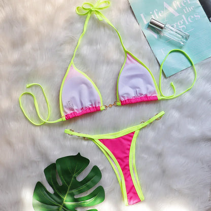 Bikini sexy con cuello halter y perlas para mujer, traje de baño femenino de dos piezas con ribete acanalado