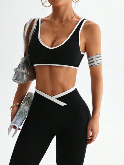 Conjunto deportivo con tirantes anchos y bloqueo de color, conjunto deportivo de una pieza para yoga y fitness con control de abdomen para mujer a prueba de golpes