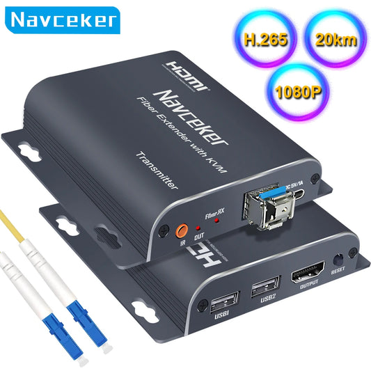 Extensor KVM USB de fibra óptica HDMI Navceker de 20 km con transmisor y receptor de vídeo sobre cable LC para ratón, teclado y PC.