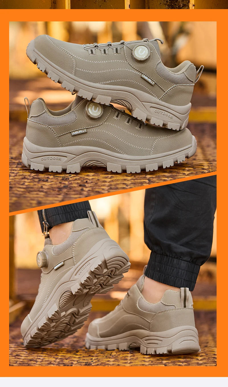 Calzado de seguridad para hombre con diseño de botones, puntera de acero, resistente a la compresión y suela antideslizante para trabajo en exteriores y talleres.