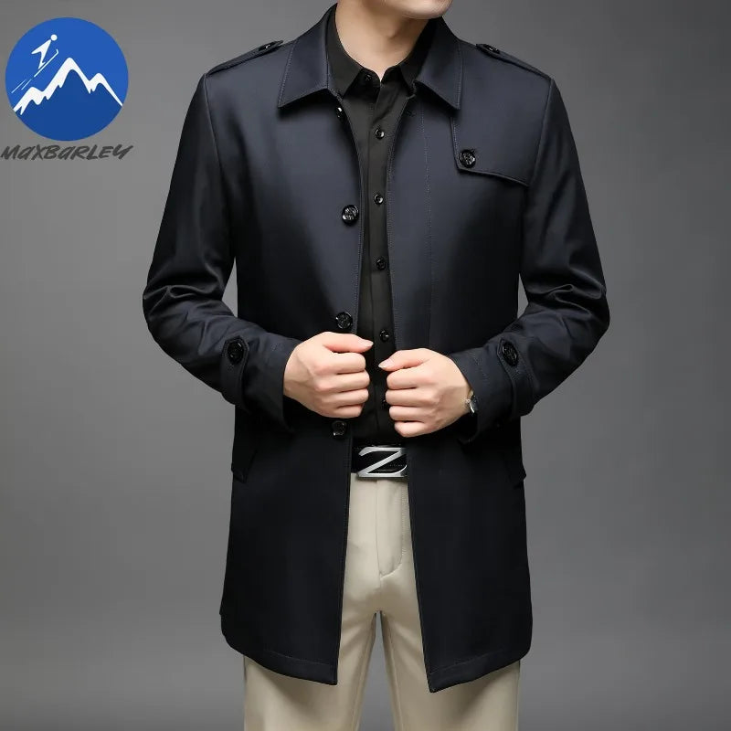 Abrigo tipo gabardina Maxbarley para hombre, estilo coreano, ligero, de lujo, de un solo botón, chaqueta larga cortavientos, colección primavera-otoño 2025, marca, con solapa.