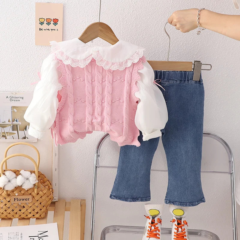 Conjuntos de ropa para niñas, camiseta, chaleco floral, pantalones vaqueros con lazo, ropa de bebé para primavera y otoño, conjuntos para bebés, chándal para niños