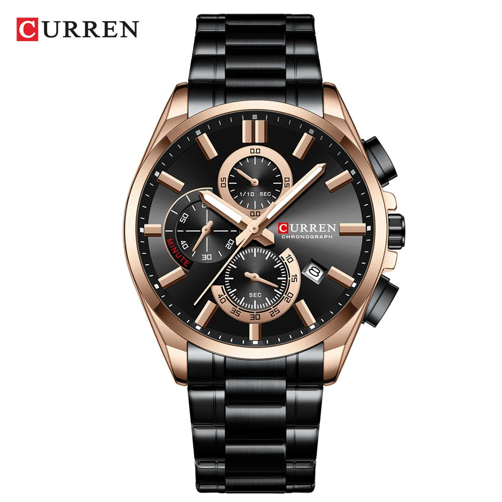 CURREN - Reloj cronógrafo de acero inoxidable para hombre con manecillas luminosas, tres subesferas, fecha automática, diseño moderno, de cuarzo