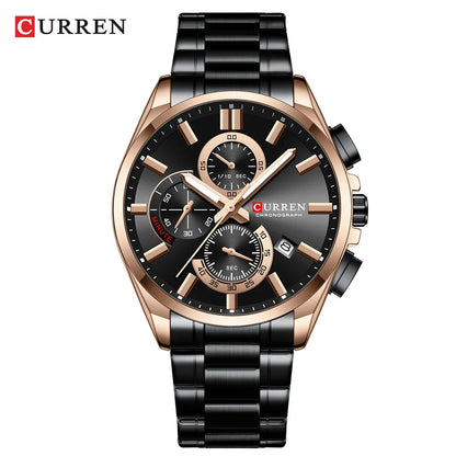 CURREN - Reloj cronógrafo de acero inoxidable para hombre con manecillas luminosas, tres subesferas, fecha automática, diseño moderno, de cuarzo