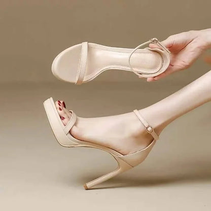Sandalias elegantes y sexys de tacón alto para mujer, zapatos de verano con punta abierta, suela de goma y punta redonda, estilo coreano, 2025