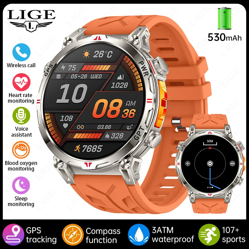 Reloj inteligente con GPS para hombre, pulsera deportiva con control del ritmo cardíaco, Bluetooth, llamadas, 530 mAh, resistente al agua hasta 3 ATM, 2025