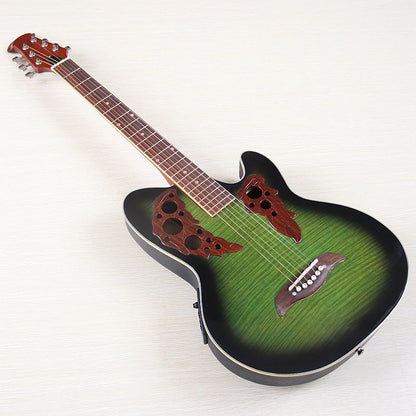 Guitarra acústica de fondo redondo con pequeños defectos, tapa flameada de alto brillo, 6 cuerdas, 38"