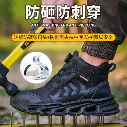 Zapatos de seguridad para hombre, de caña alta, universales para las cuatro estaciones, con hebilla giratoria antideslizante, puntera de acero, antiaplastamiento y antiperforación.