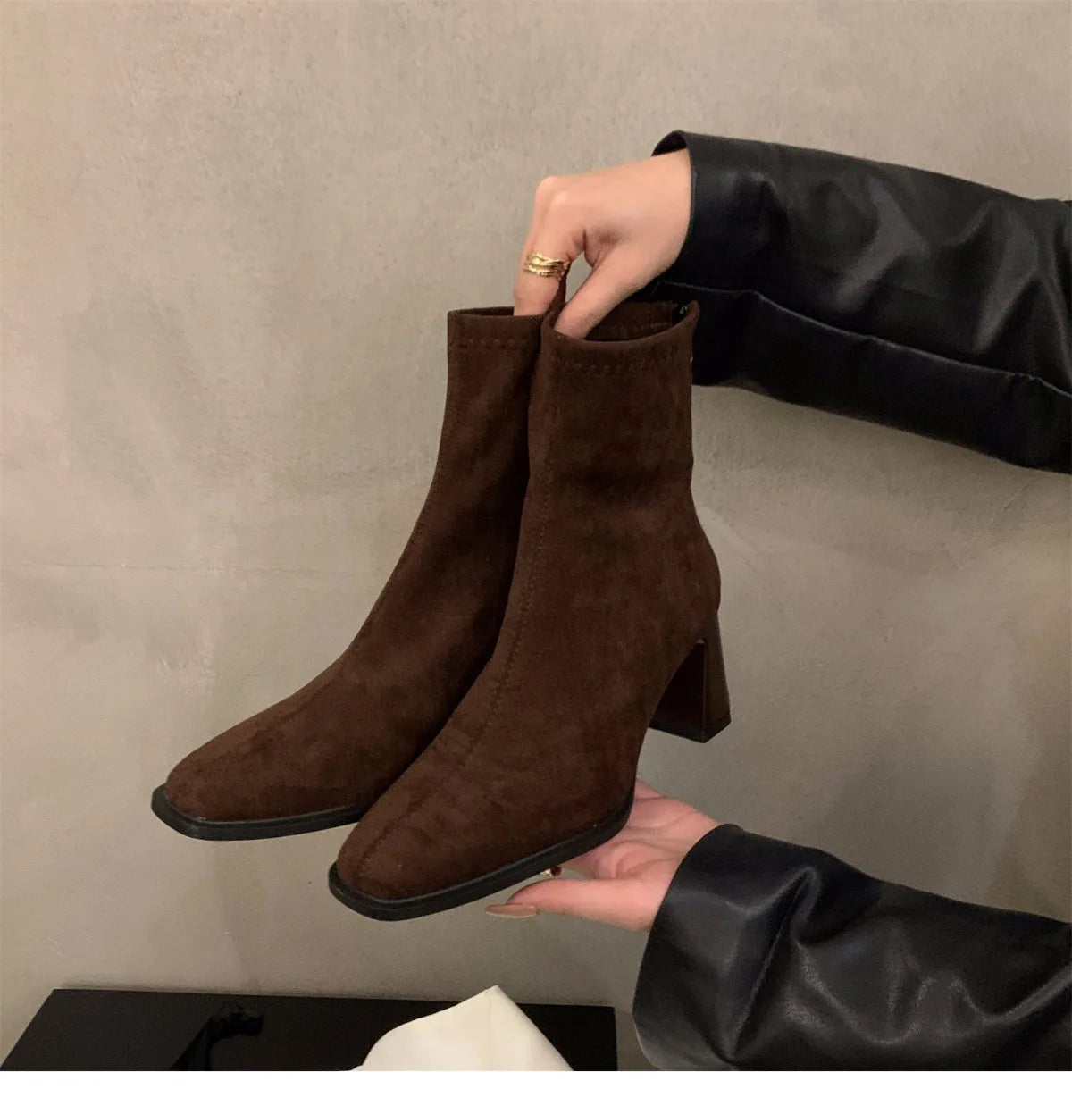 Vintage Women Ankle Boots 2024 Fashion Square Toe Thick High Shoes Autumn Winter New Ladies Elegant Stretch Slim Short Booties
