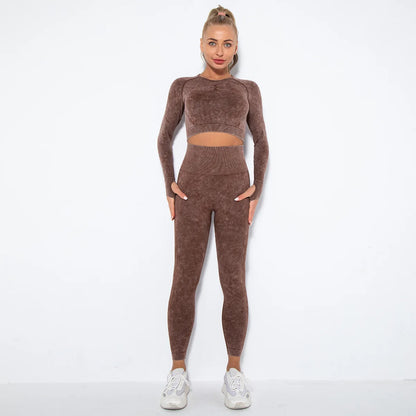 Conjunto de gimnasio con top corto sin costuras para mujer, conjunto de entrenamiento de yoga, ropa deportiva, leggings push up, chándal