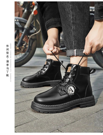 Botas altas de piel para hombre, zapatos de moda para motociclista, botines de invierno con cordones, botas vaqueras.