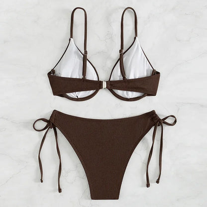 Bikini sexy fruncido sin espalda para mujer, con tirantes de color puro, soporte de acero, traje de baño separable, moda 2024, nuevo modelo, gran oferta