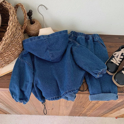 Ropa para niños Primavera y Otoño, sudadera con capucha de mezclilla para niño, conjunto de pantalón y top de manga larga de color liso Baoyang para mujer