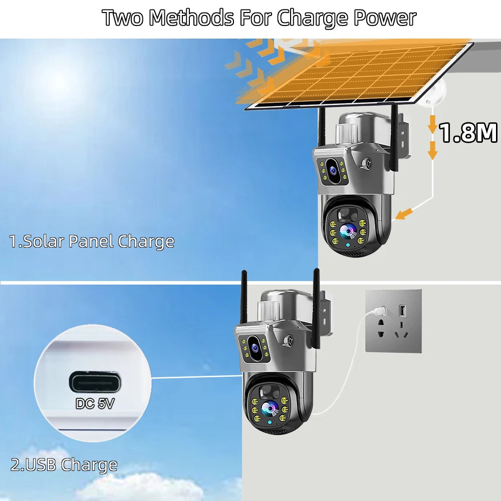 Cámara de seguridad CCTV V380 Pro 4K 8MP con 2 lentes, WiFi 4G, energía solar, visión nocturna PIR para exteriores, IP66, batería de bajo consumo.