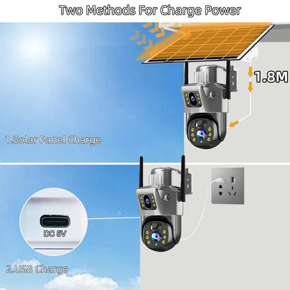 Cámara de seguridad CCTV V380 Pro 4K 8MP con 2 lentes, WiFi 4G, energía solar, visión nocturna PIR para exteriores, IP66, batería de bajo consumo.