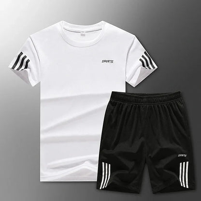Conjunto de ropa deportiva de verano para hombre, camiseta y pantalones cortos de secado rápido, ropa deportiva para exteriores, talla grande, ligera, de producción china.