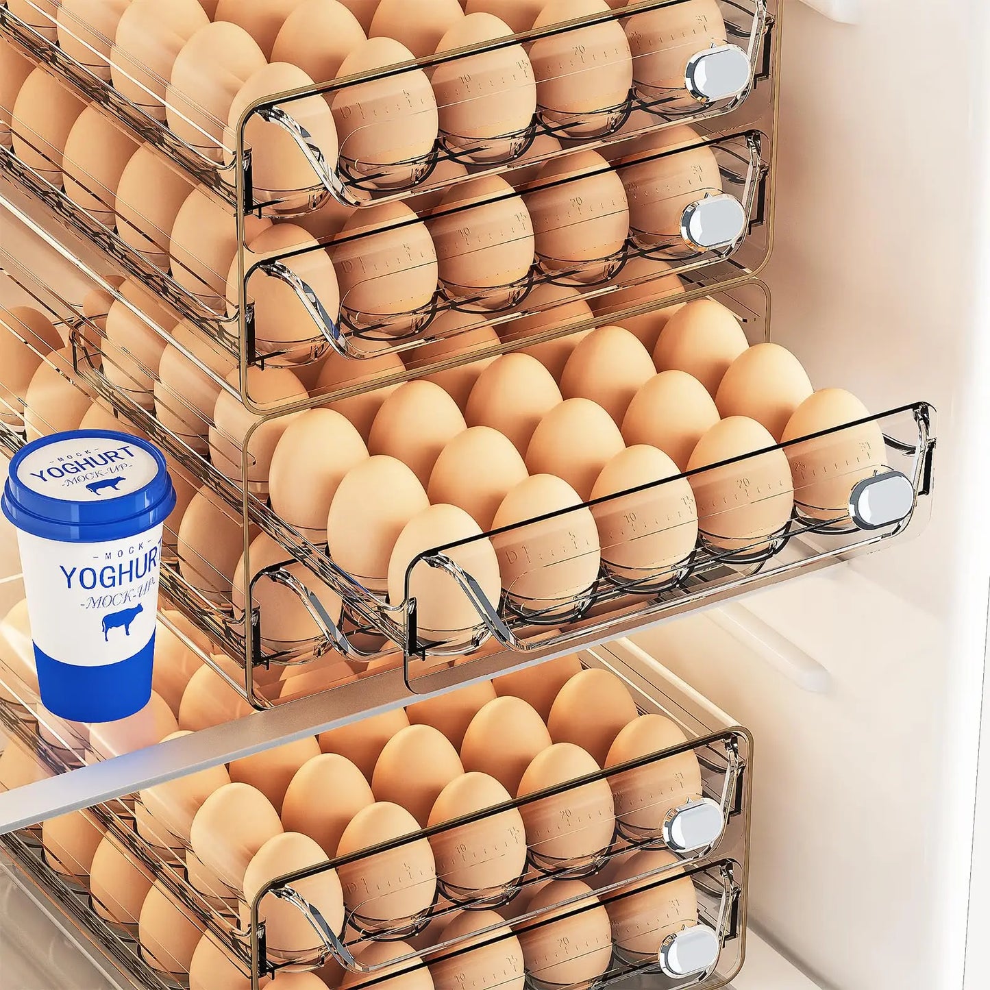 Organizador de cajones para refrigerador con escala de tiempo, huevera transparente para guardar huevos frescos, bandeja de gran capacidad.