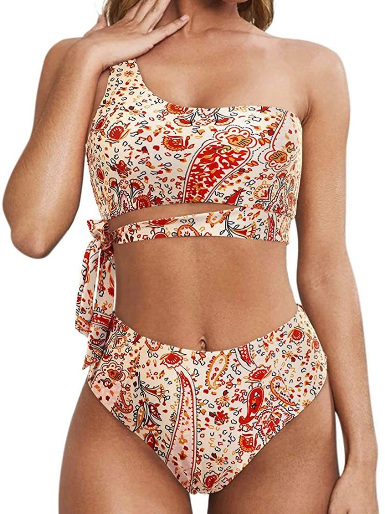 Bikini de un solo hombro para mujer, traje de baño dividido, color liso, traje de baño de playa de verano, traje de baño para mujer
