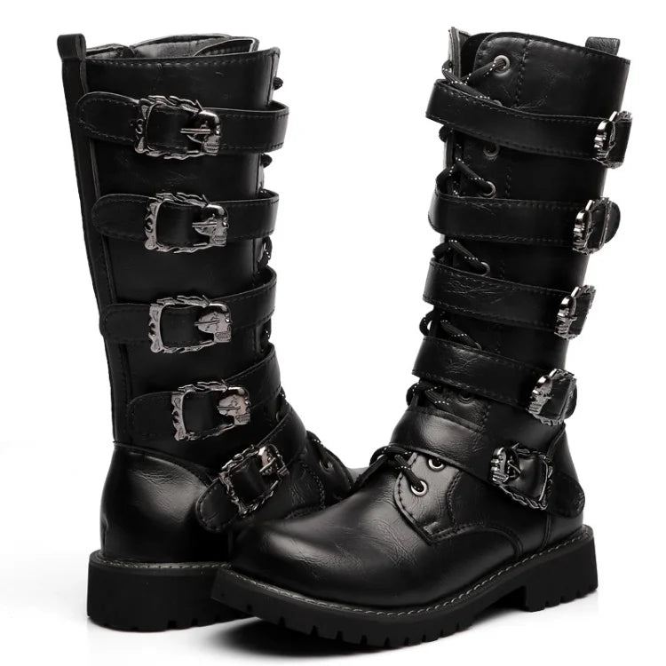 Botas altas de cuero para hombre, estilo motero, de invierno, estilo gótico punk, para hombre, estilo militar informal, para uso exterior.