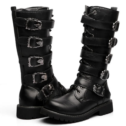 Botas altas de cuero para hombre, estilo motero, de invierno, estilo gótico punk, para hombre, estilo militar informal, para uso exterior.