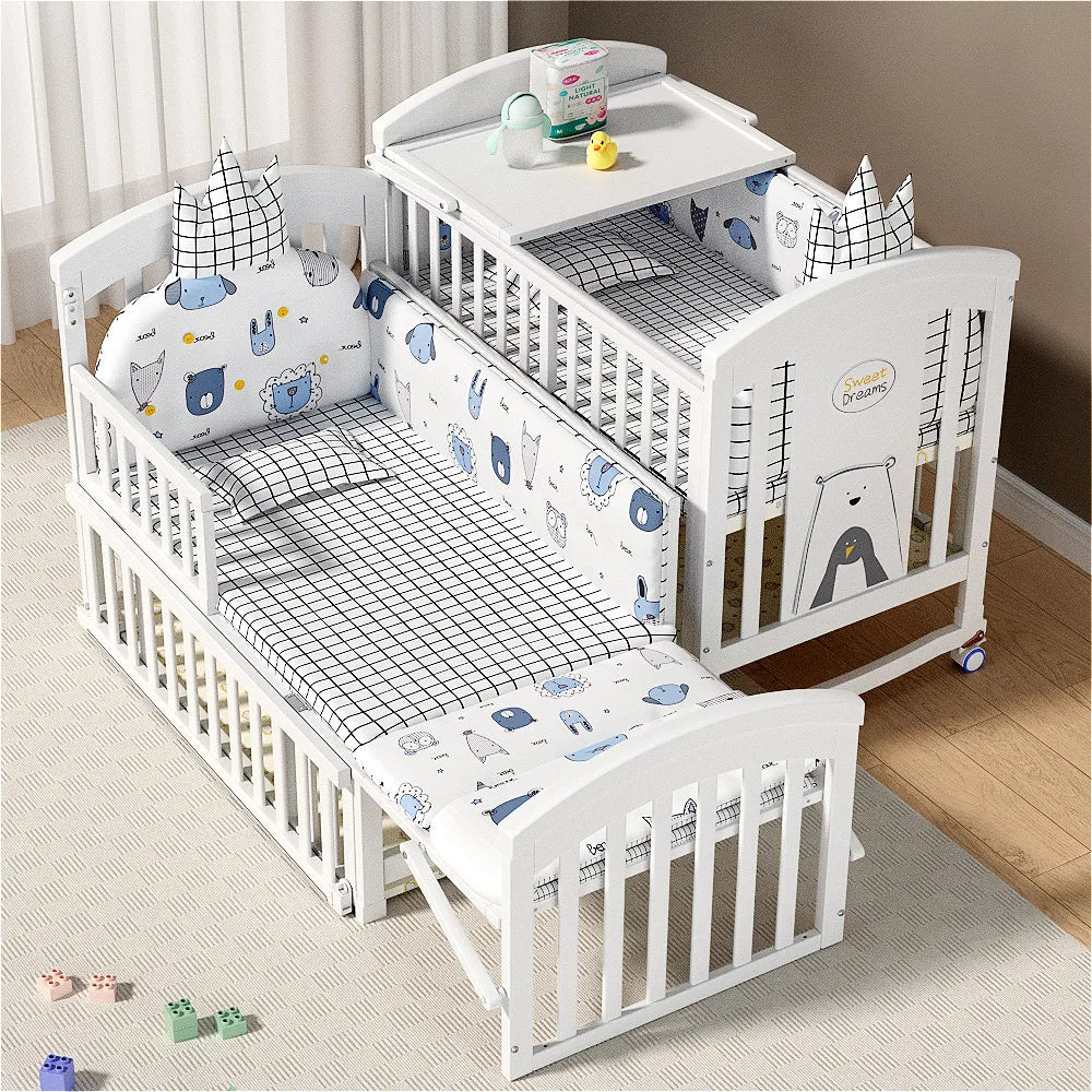 Cama blanca para niñas al por mayor, muebles de dormitorio para bebés, cama multifuncional de madera para bebés con cambiador de pañales, cama para bebés