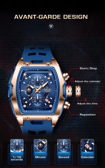 LIGE Reloj de pulsera de cuarzo para hombre, de lujo, resistente al agua, luminoso, cronógrafo, fecha, deportivo, de silicona, con caja