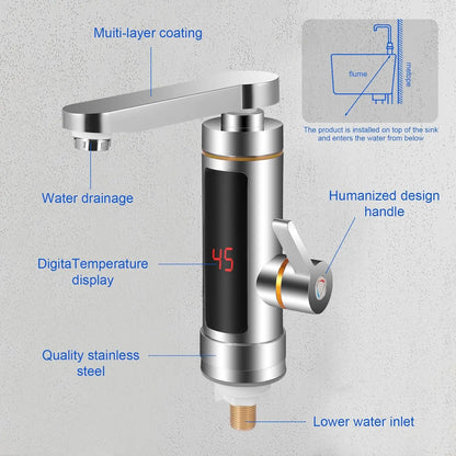 Grifo calentador eléctrico instantáneo sin tanque, con pantalla LCD de temperatura y mezcla de 360°.