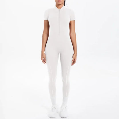 Mono deportivo de yoga sexy con cremallera frontal, espalda descubierta, manga corta, pantalones cortos, ropa deportiva para fitness, correr, gimnasio, yoga y actividades deportivas para mujer.