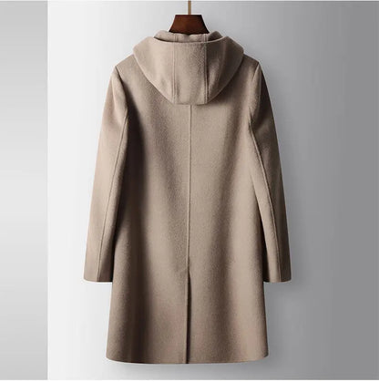 2024 Winter New Men's Hoodie Medium Long Woolen Coat Rabbit Plush Thick Warm Casual Coat High end Fabric 100% Pure Wool