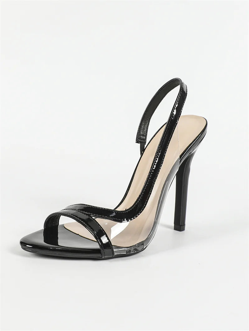 Liyke Sandalias de verano a la moda con punta abierta y poco profunda de PVC con tiras traseras transparentes para mujer, zapatos de tacón alto rojos para boda y graduación