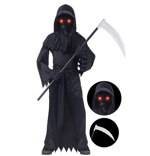 Child Horror Red Eye Grim Reaper Costume Scythe Devil Darkseid Ghost Cosplay Suit Halloween Hooded Party Dress Gloves