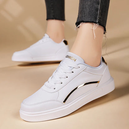 Zapatos blancos planos para mujer, informales, con cordones, de piel sintética, suela gruesa, de lujo, para exteriores