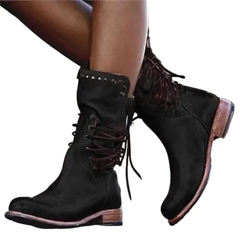 Botas de media caña con remaches para mujer, botines de caballero a la moda, estilo británico, para otoño e invierno, con cordones cruzados, de PU