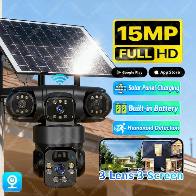 Cámara IP WiFi de 15 MP y 8K con tres lentes, resistente al agua y con carga solar para exteriores. Incluye visión nocturna, audio bidireccional y detección humana. Cámara de seguridad CCTV.