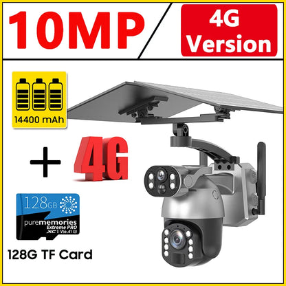 Cámara de seguridad exterior con zoom óptico de 10 MP y 50x, doble lente, SIM 4G, energía solar, Wi-Fi, PTZ, detección humana, grabación y visión nocturna. 10 MP, zoom óptico de 50x, doble lente, 4G, SIM, solar.