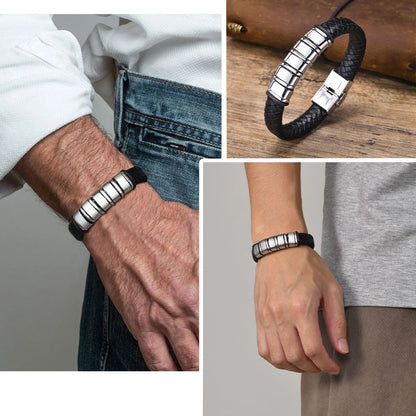 Pulseras trenzadas de cuentas personalizadas para hombre, de cuero, acero inoxidable, color negro y plateado, con nombre personalizado, regalo para un familiar.
