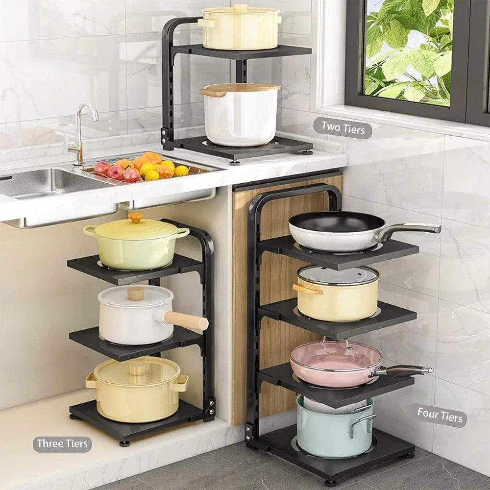 Estante para ollas en capas para fregadero, organizador de sartenes de cocina con capas libres, resistente a la oxidación, de acero inoxidable, ajustable, para almacenar ollas debajo del gabinete