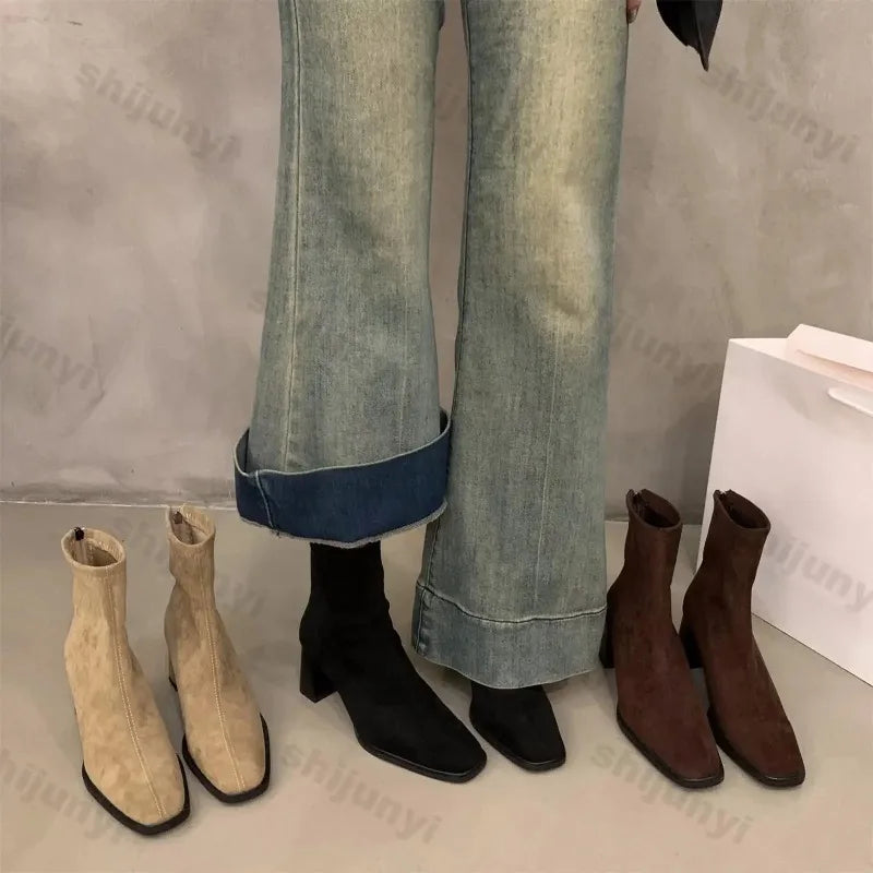 Vintage Women Ankle Boots 2024 Fashion Square Toe Thick High Shoes Autumn Winter New Ladies Elegant Stretch Slim Short Booties