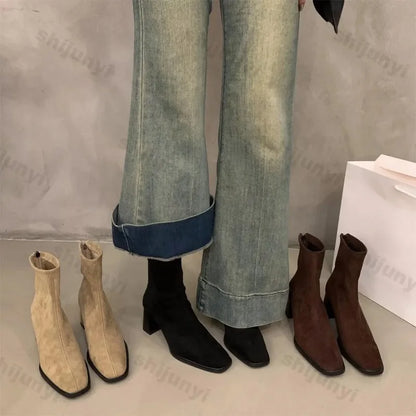 Vintage Women Ankle Boots 2024 Fashion Square Toe Thick High Shoes Autumn Winter New Ladies Elegant Stretch Slim Short Booties