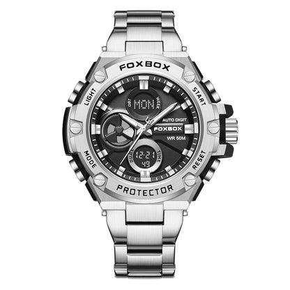 FOXBOX Relojes deportivos de lujo para hombre, reloj de pulsera de cuarzo de lujo, acero, resistente al agua, doble pantalla, relojes militares para hombre, reloj hommes