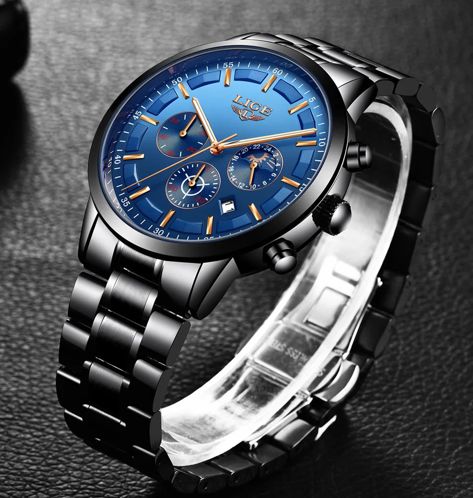 LIGE - Reloj de negocios para hombre, de cuarzo, de lujo, resistente al agua, 3 barras, cronógrafo luminoso, regalo + caja